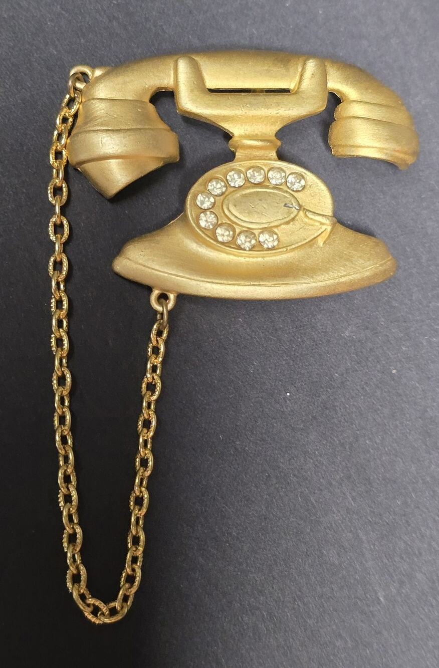Vintage JJ Rotary Telephone Brooch Pin Gold Tone Rhinestone Retro Chain Jewelry